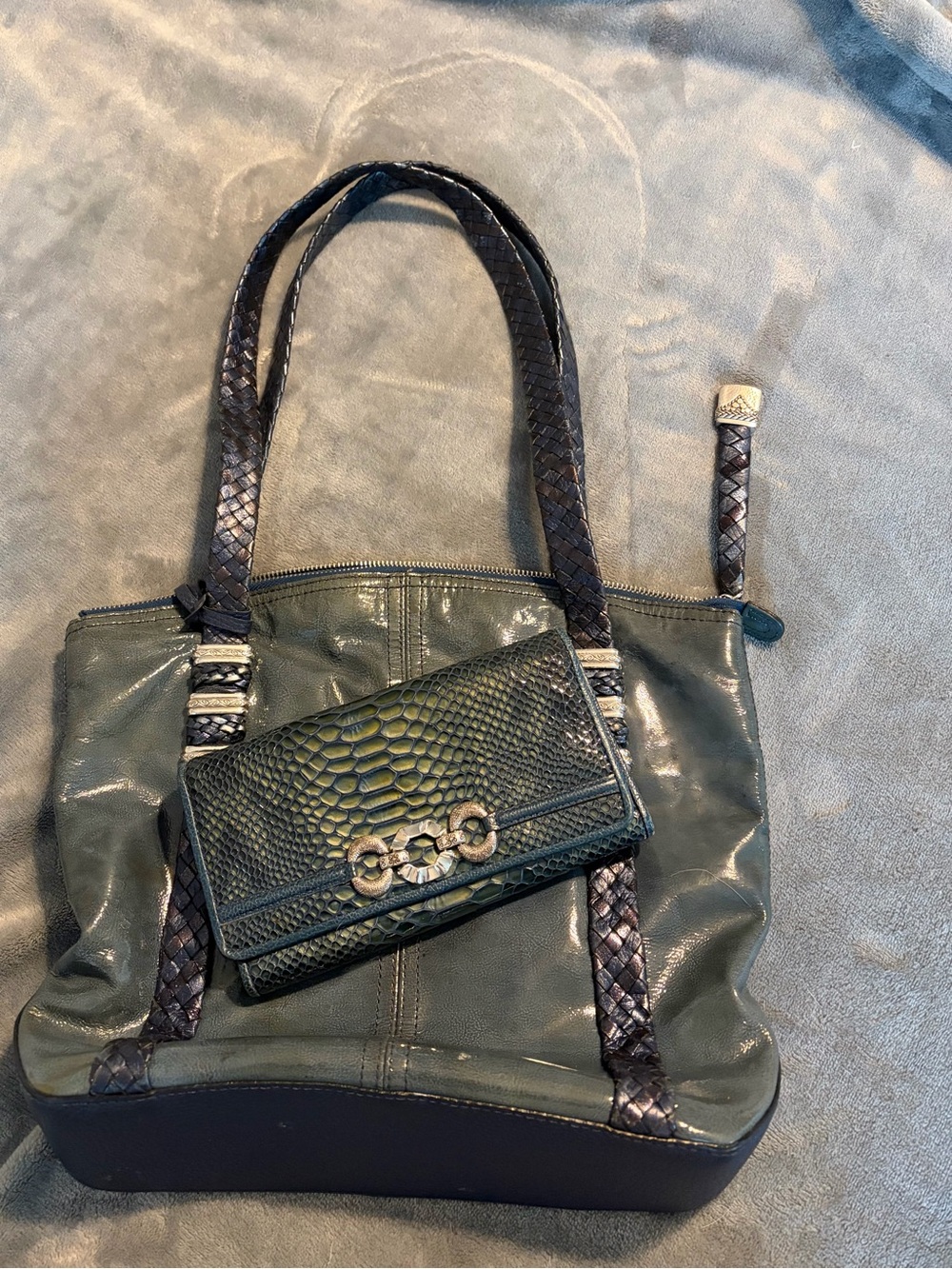 Brighton blue Leather Tote shoulder bag purse with matching Snake Texture Wallet